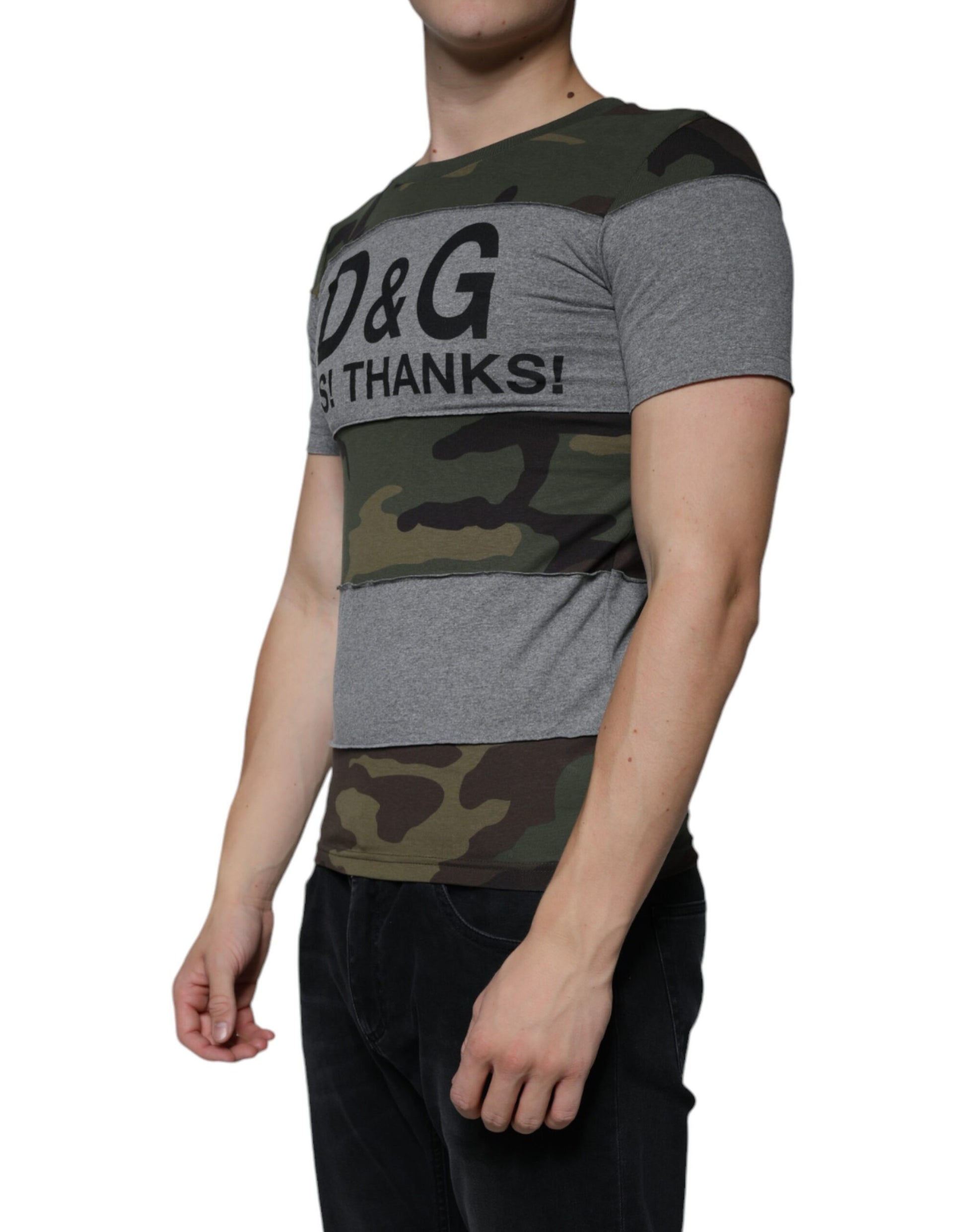 Man wearing camouflage shirt with white lettering