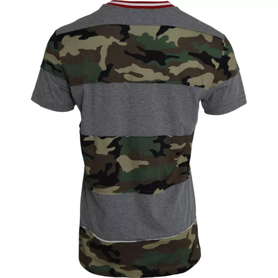 Camouflage print shirt with gray sleeves
