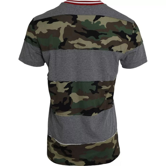 Camouflage print shirt with gray sleeves