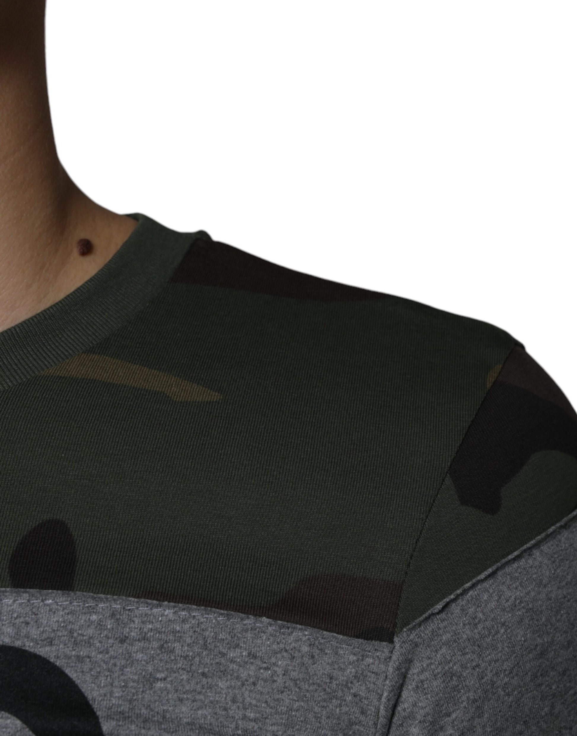 Camouflage sleeve on gray shirt