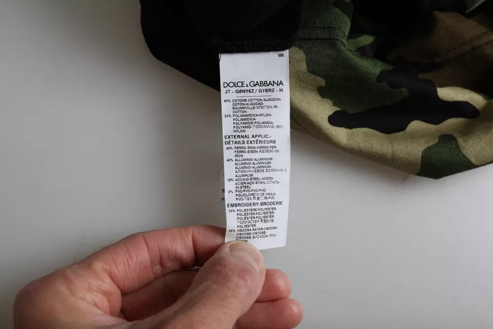Camouflage fabric with white tag containing instructions