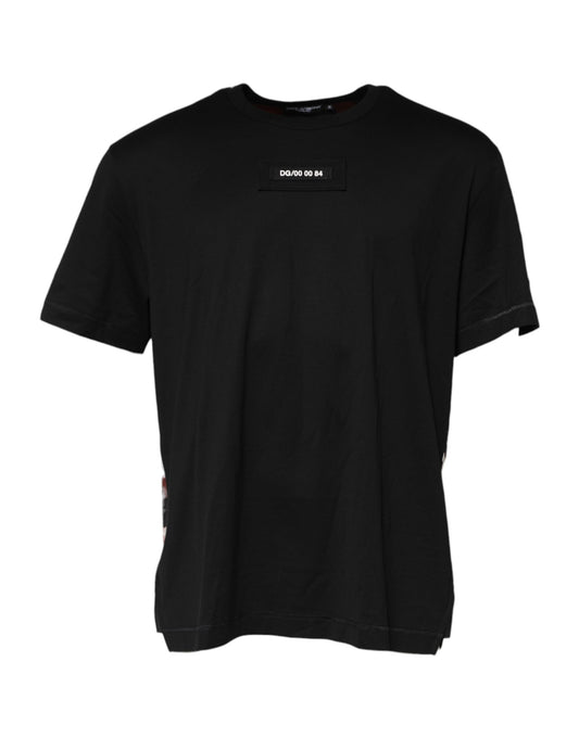 Black short sleeve t-shirt with white stripes on front