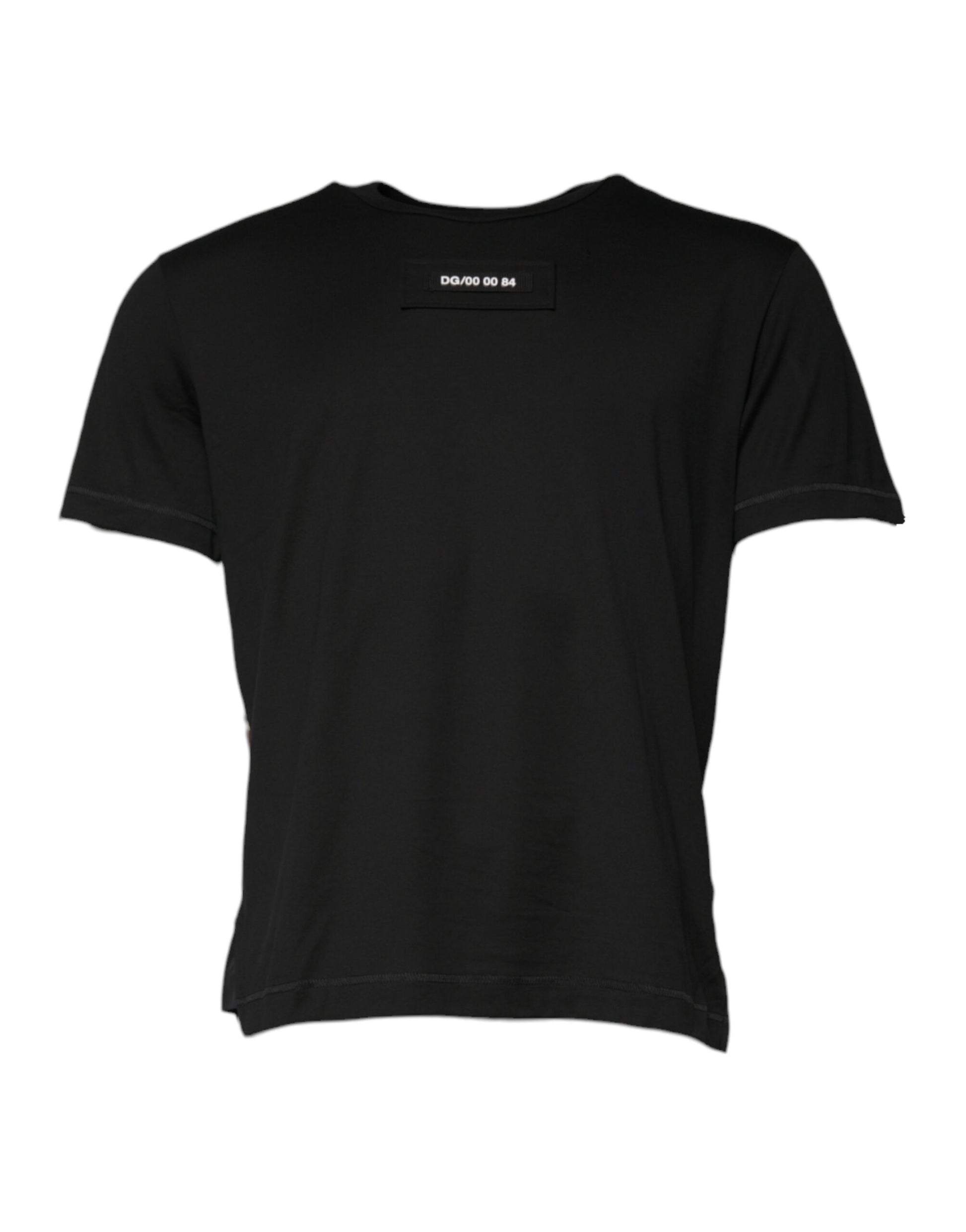 Black short sleeved t-shirt with white stripes on neckline
