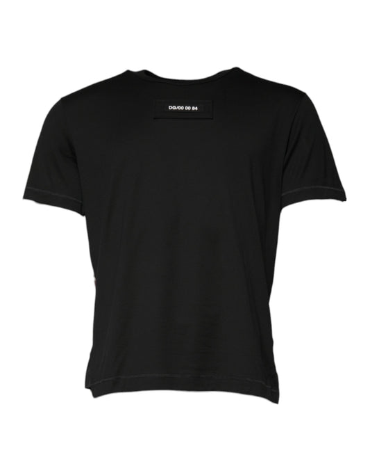 Black short sleeved t-shirt with white stripes on neckline