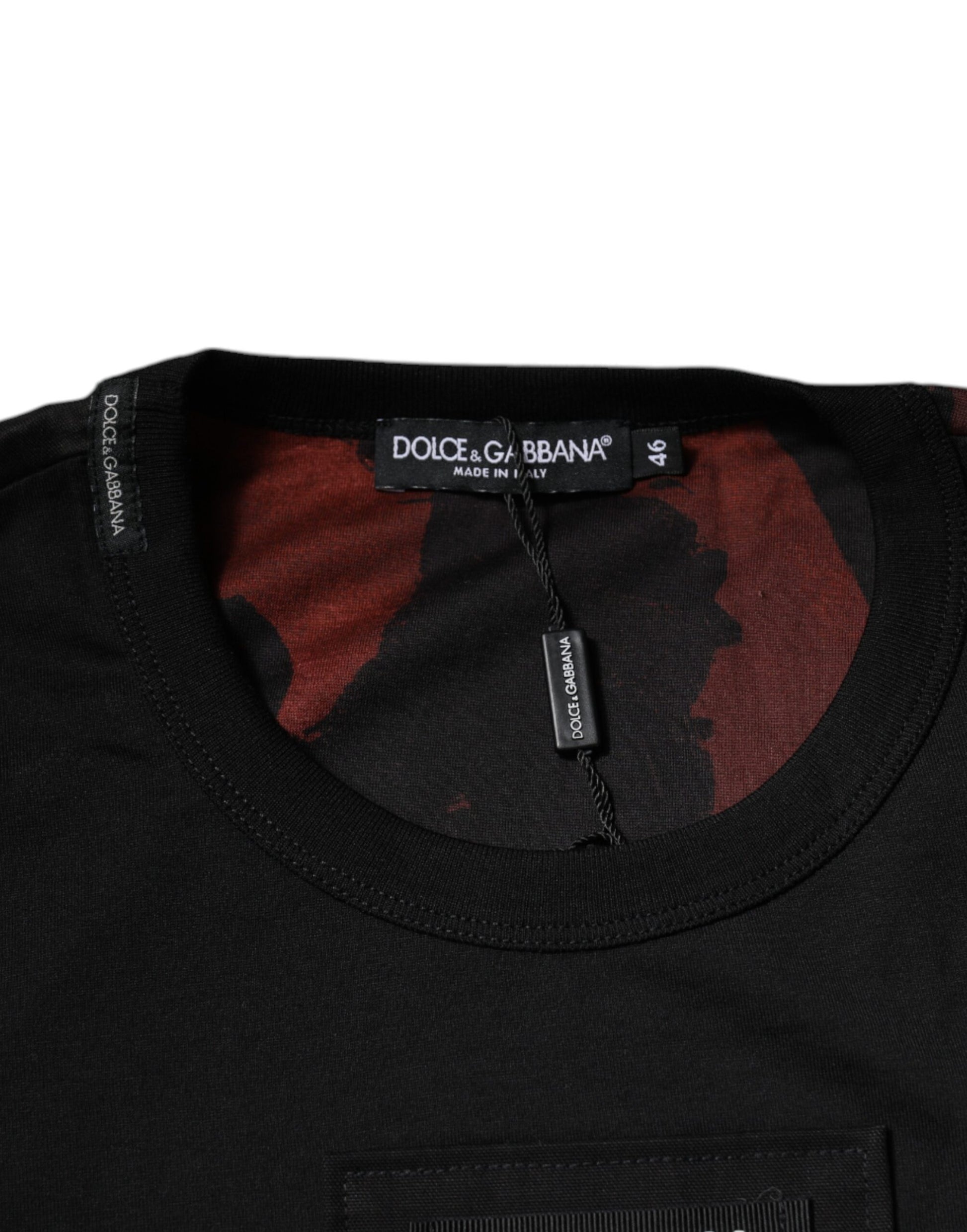 Black t-shirt with red pattern on front