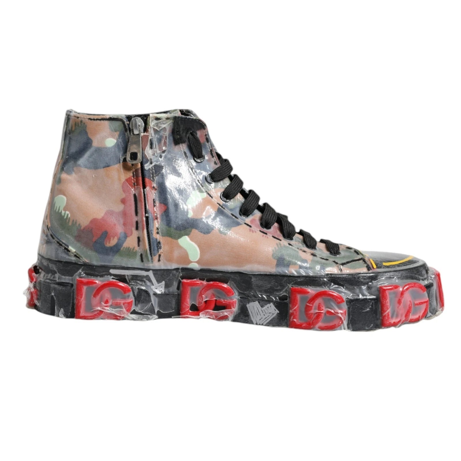 Camouflage patterned high top sneaker with red accents