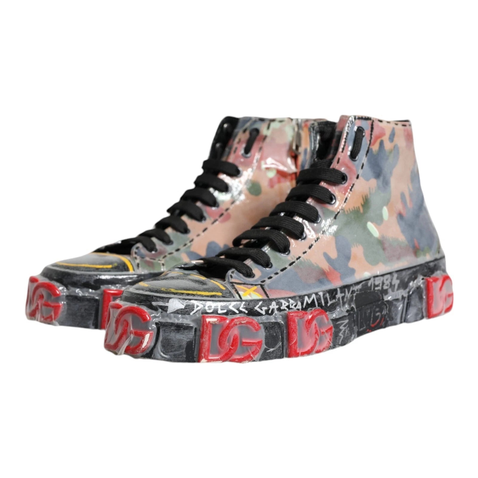Camouflage patterned high top sneaker with red accents