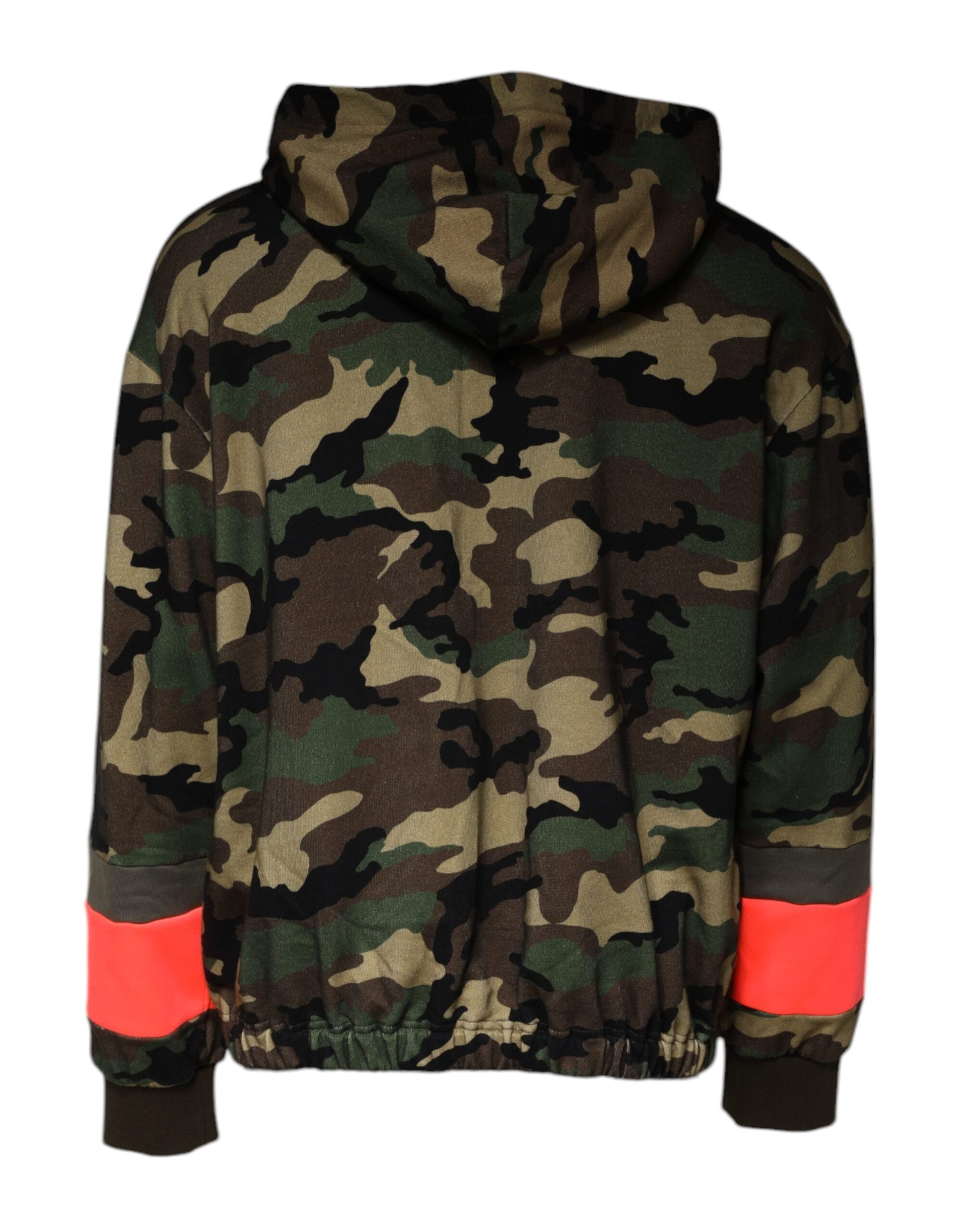 Camouflage hoodie with red trim on sleeves
