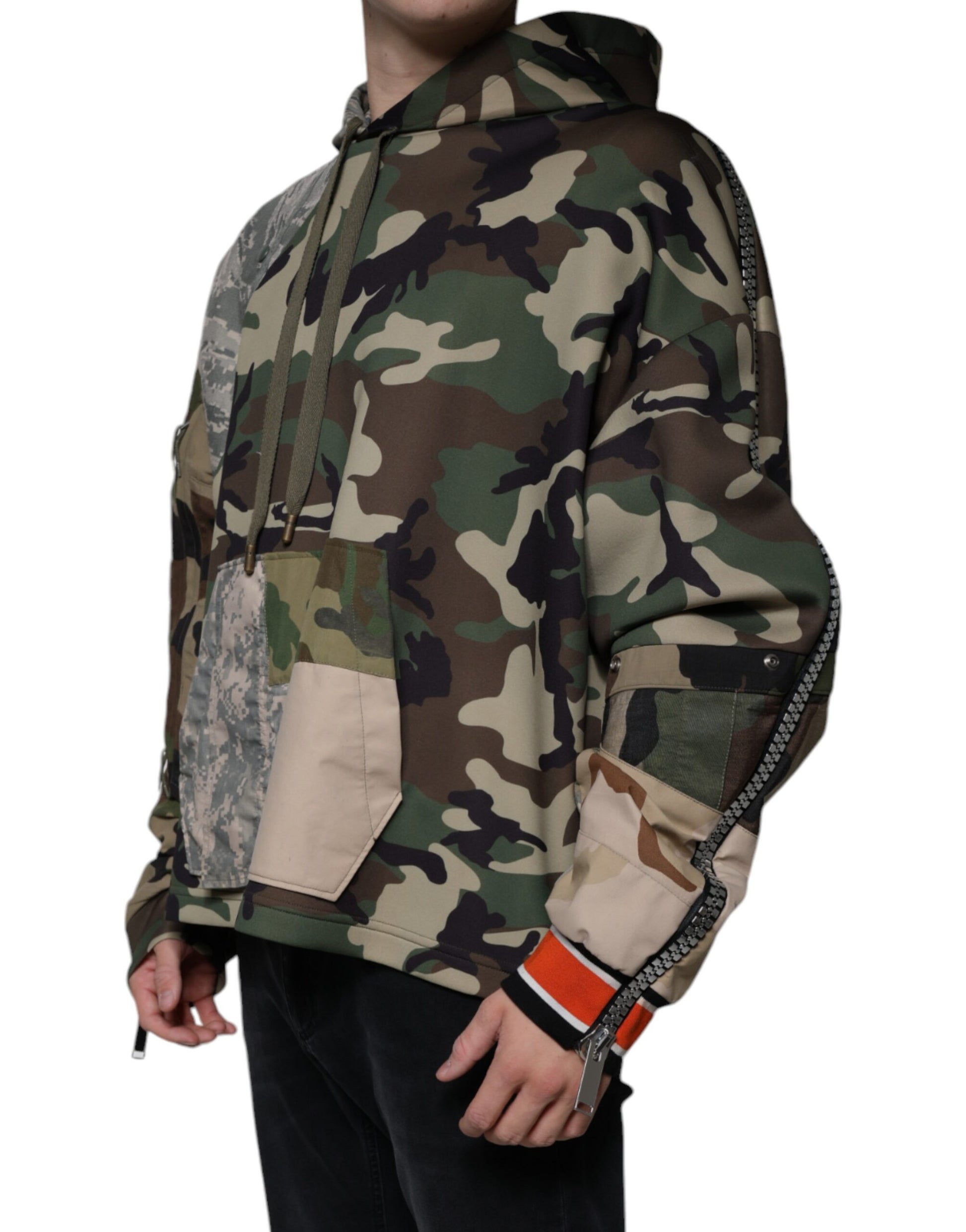 Camouflage hoodie with red accents