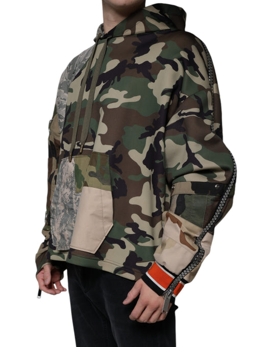 Camouflage hoodie with red accents