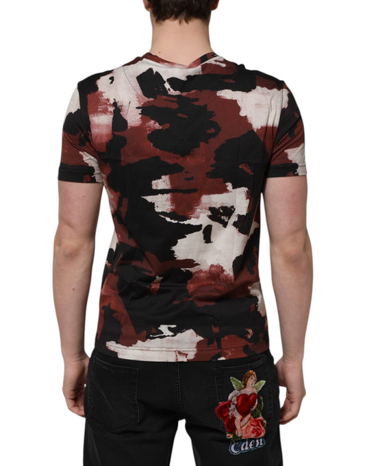 Camouflage print t-shirt with red splatters