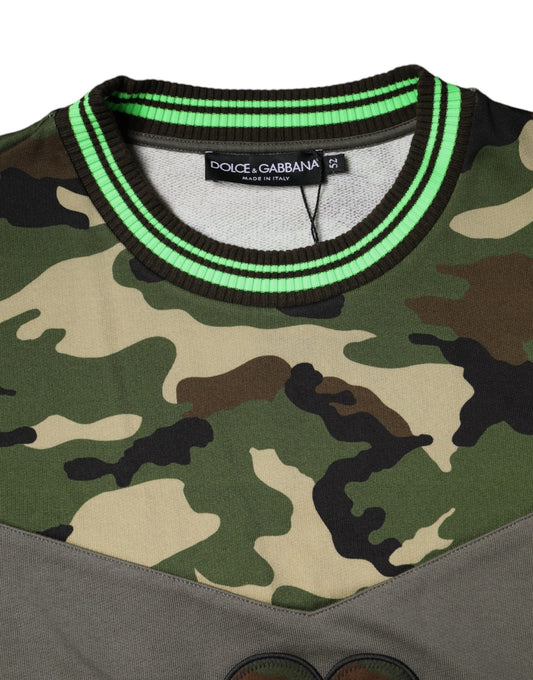 Camouflage sweater with green trim on neckline