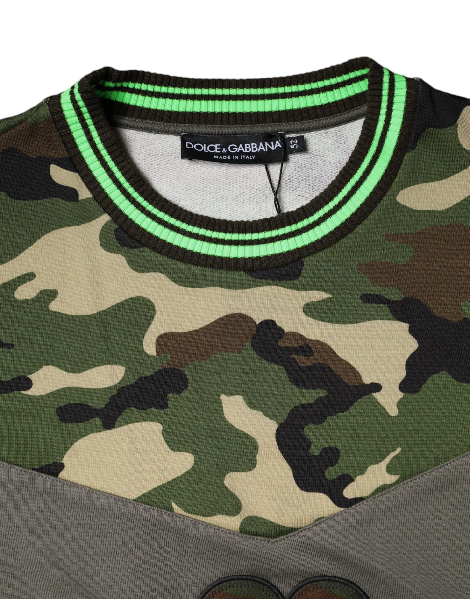 Camouflage print sweater with green trim