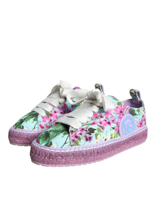 Pink and purple floral patterned canvas espadrille shoes with white laces