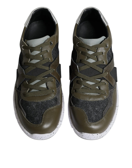 Pair of brown and white sneakers with laces, featuring a canvas and leather design
