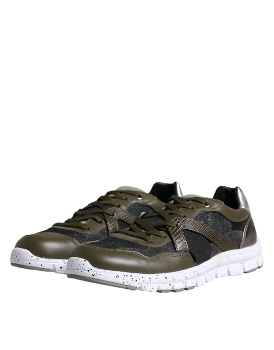 Green and black sneakers with white sole, featuring a canvas upper and leather accents