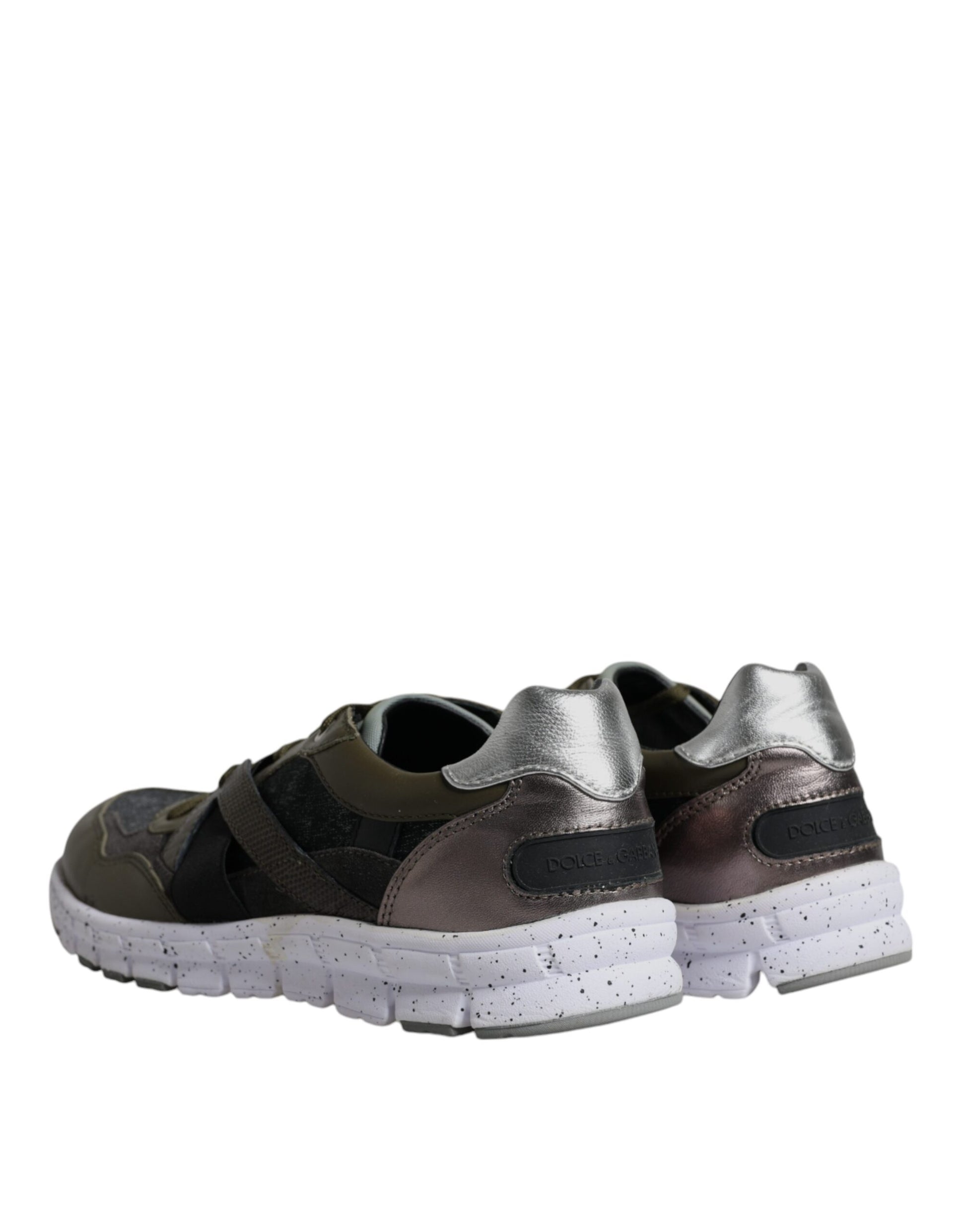 A pair of multicolored canvas and leather low top sneakers with white soles