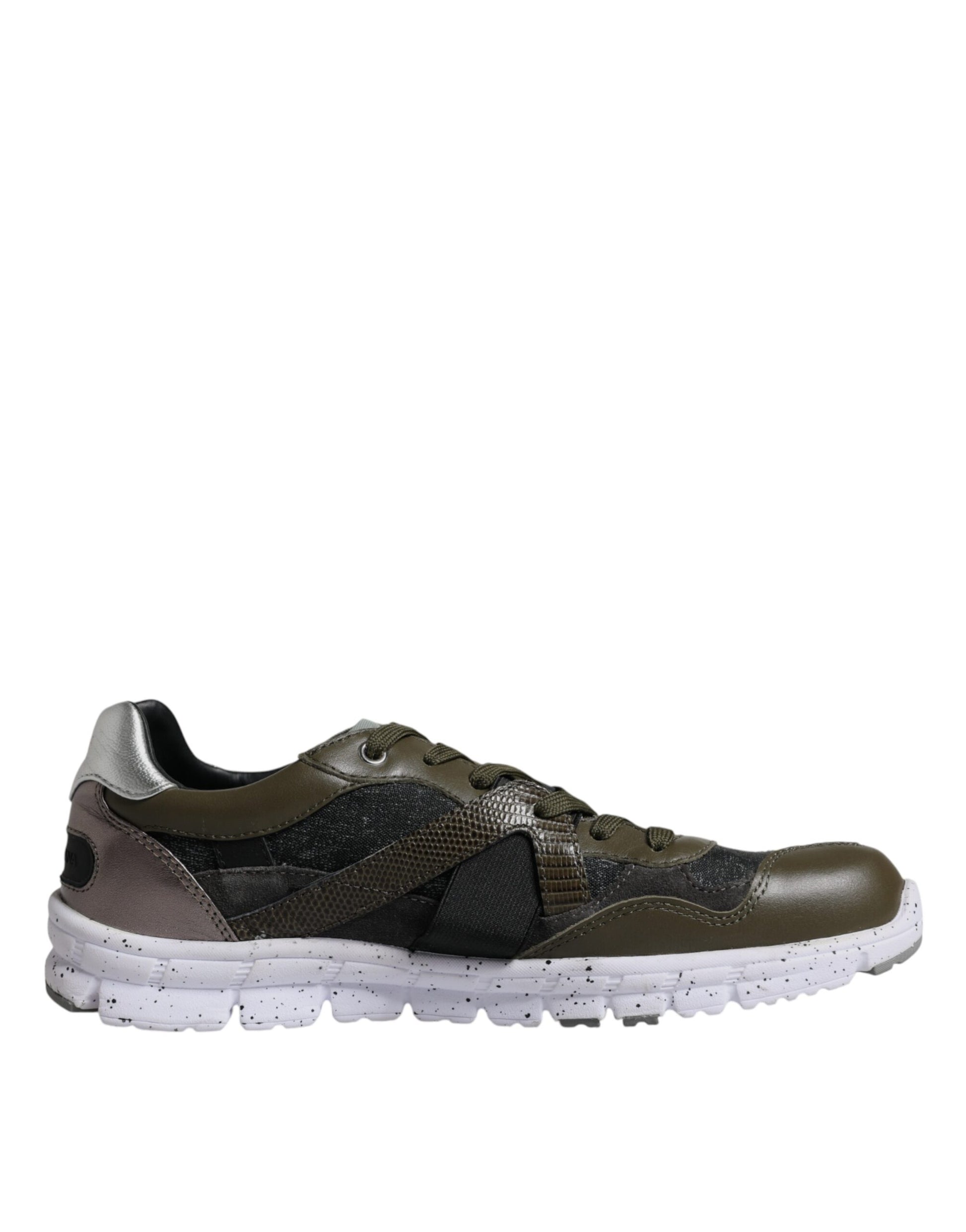 A pair of multicolored canvas and leather low top sneakers with a lace-up front