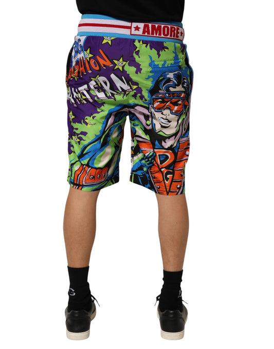 Shorts with comic book heroes printed on them