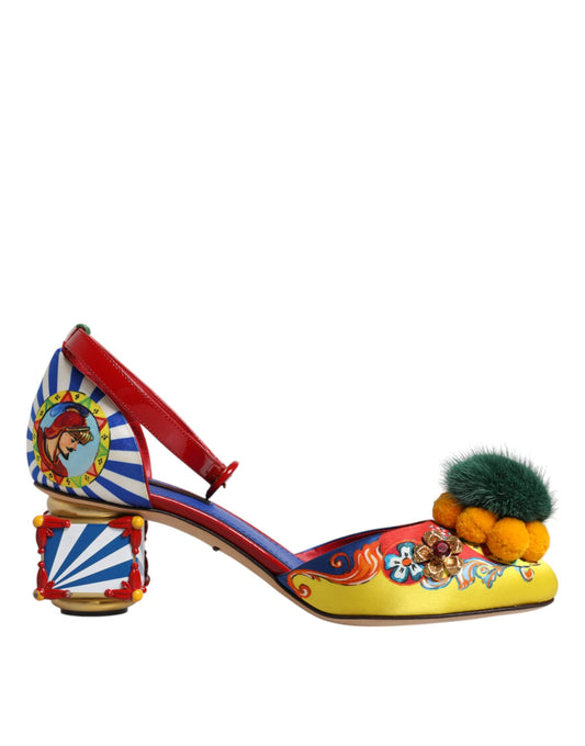 Colorful high heel shoe with red sole and yellow toe cap