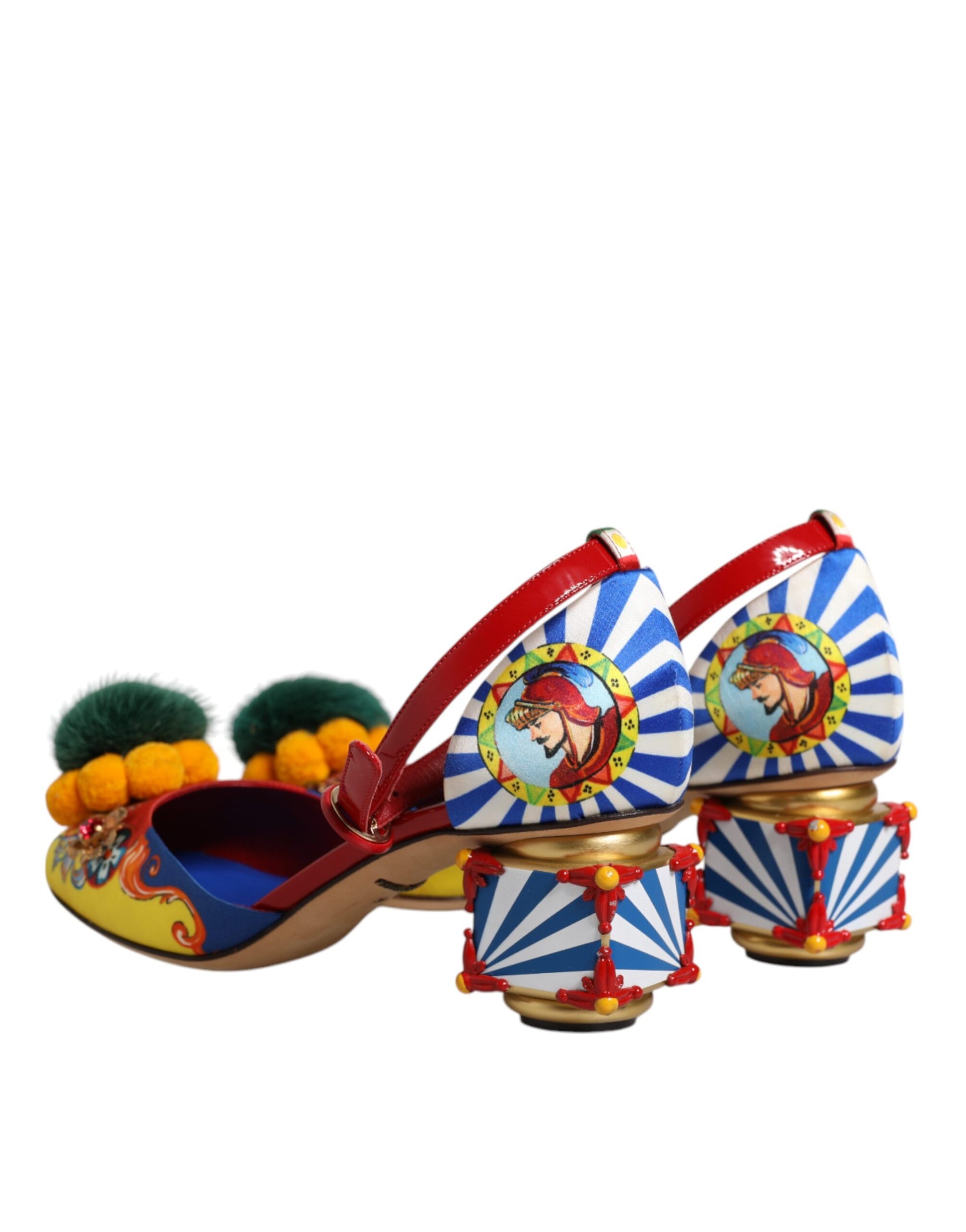 Shoe with red heel and blue toe, decorated with candy canes and a clown face