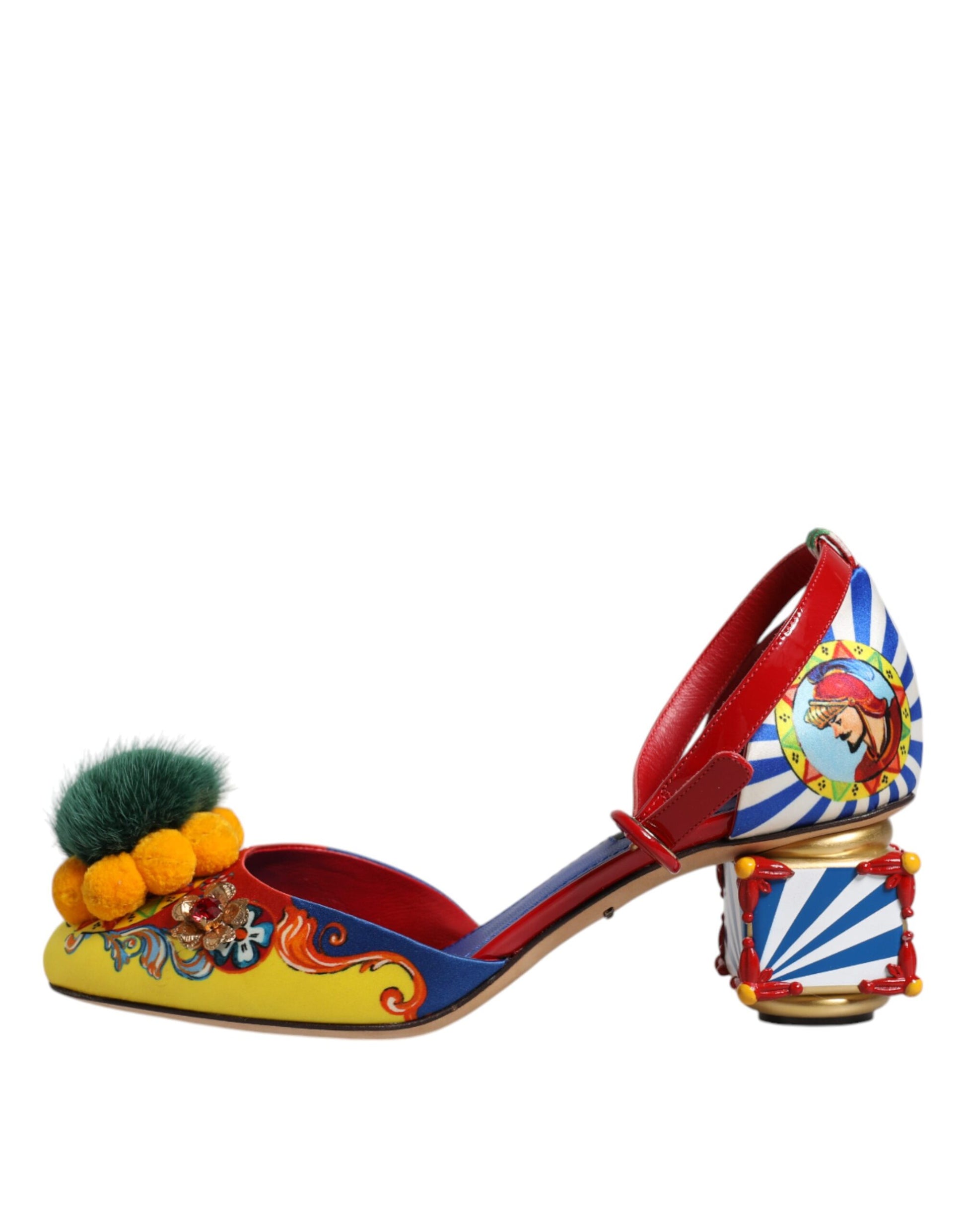 Colorful high heel shoe with floral design and pom pom on toe