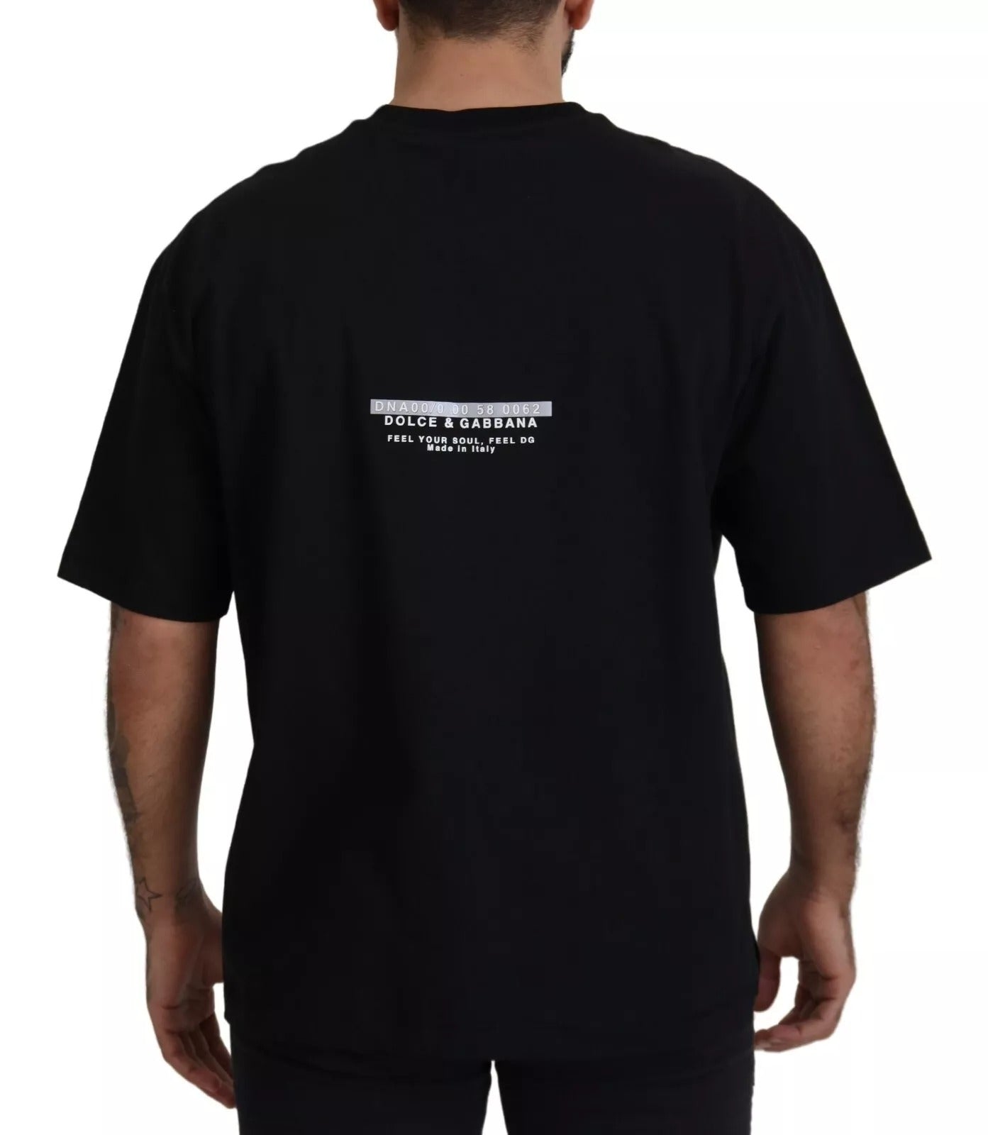 Black t-shirt with white text on back