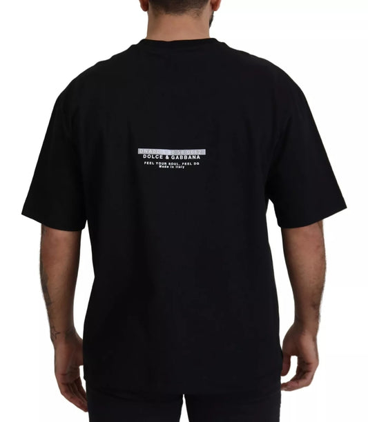 Black t-shirt with white text on back