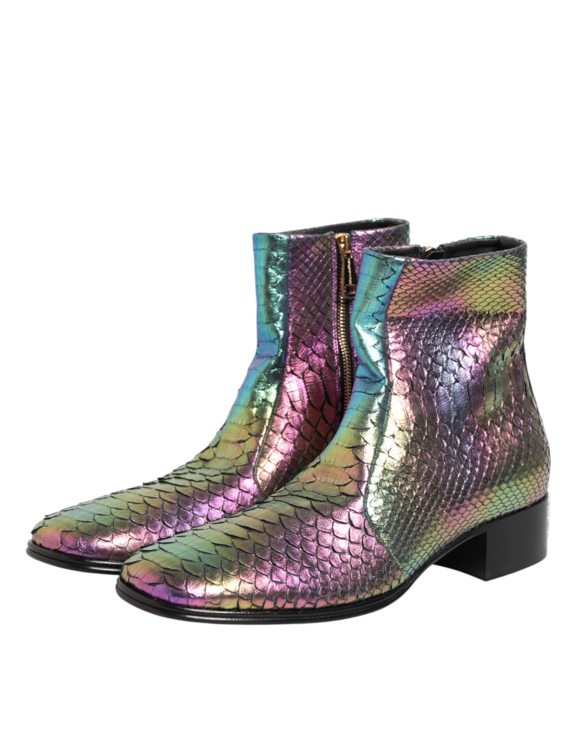 Pair of glittery boots with a fish scale pattern