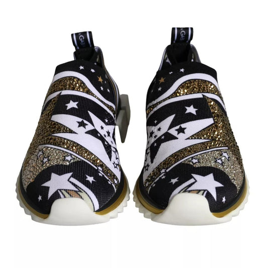 Pair of sneakers with a star pattern and glittery accents