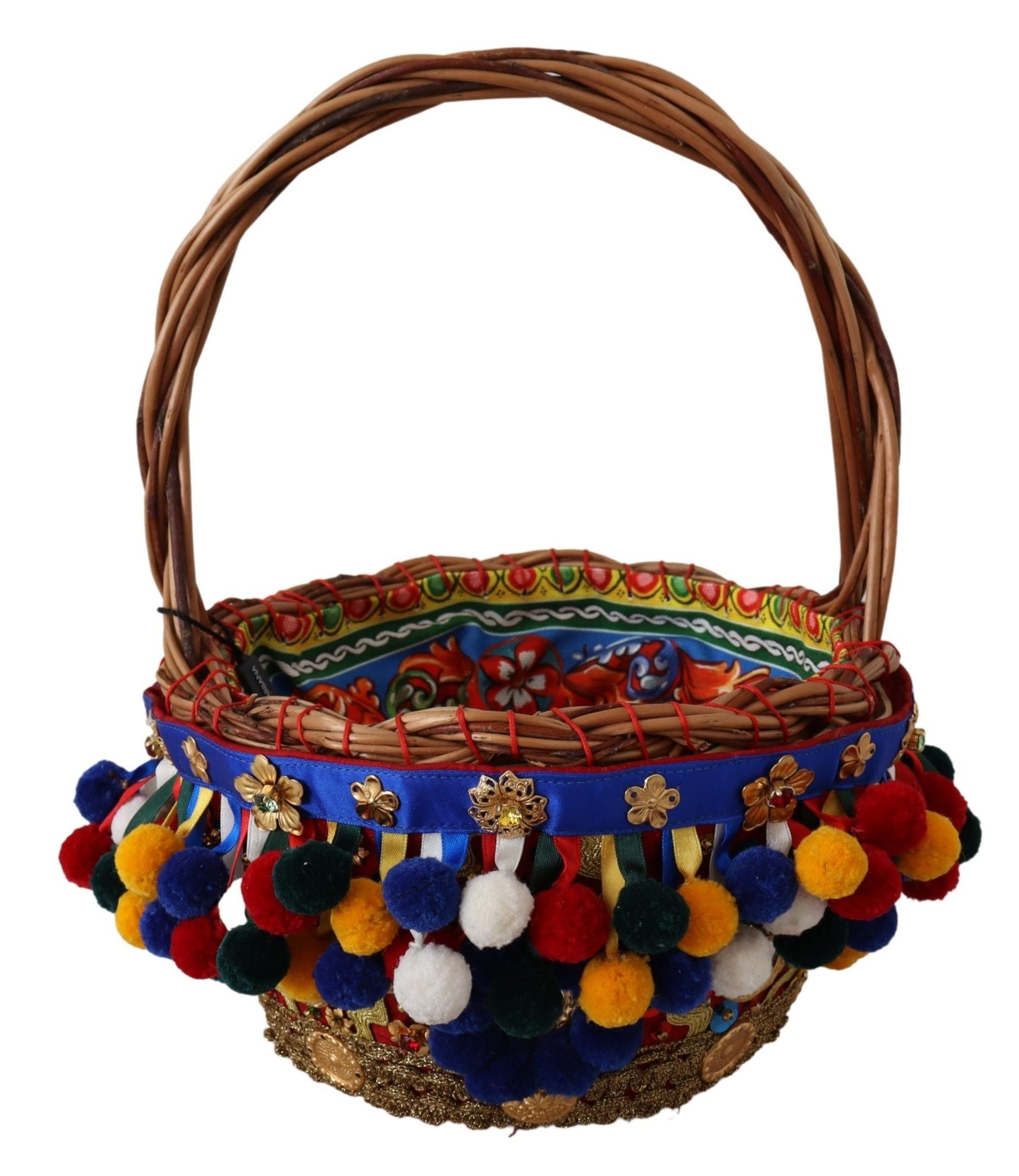 Colorful woven basket with fringe and pom poms