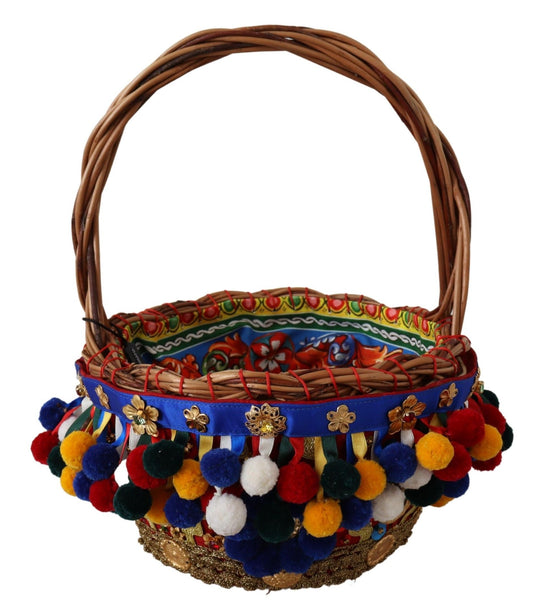 Colorful woven basket with fringe and pom poms
