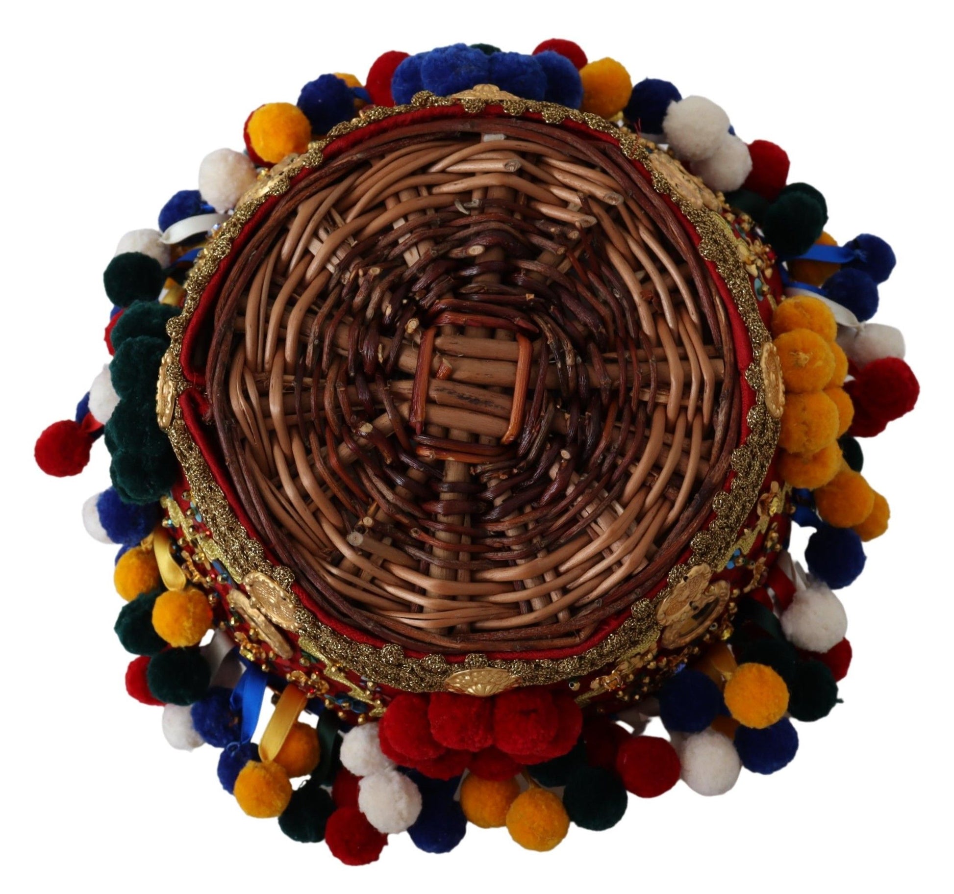Decorative woven basket with colorful embellishments