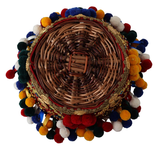 Decorative woven basket with colorful embellishments