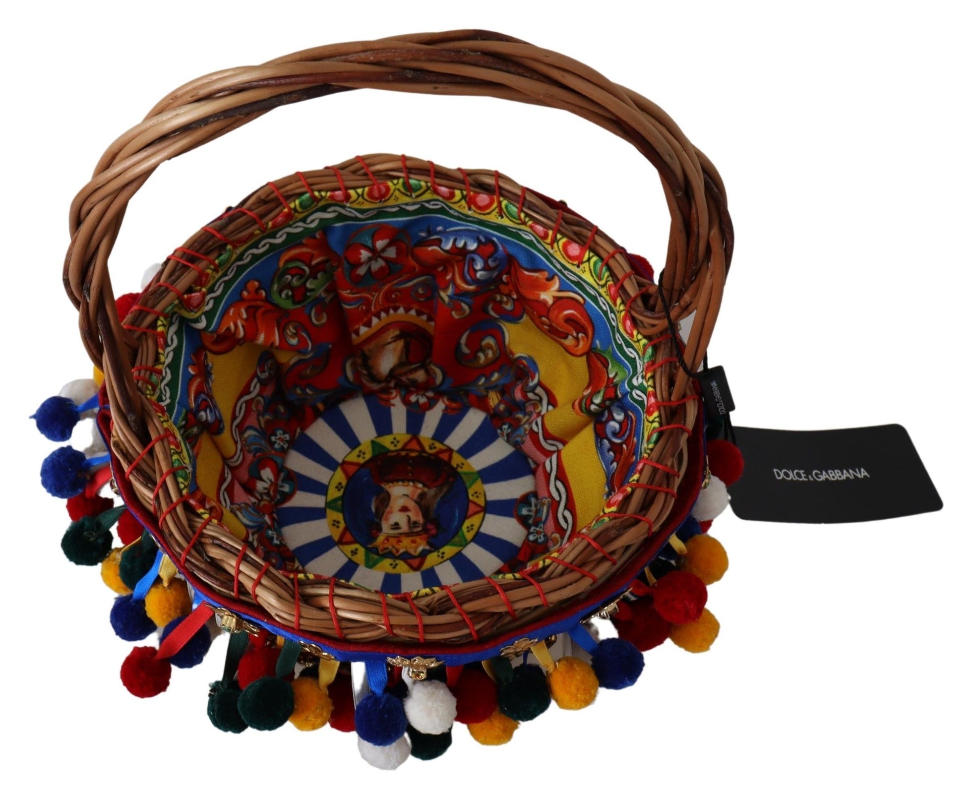 Handmade woven basket with colorful beads and fringe