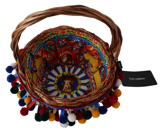 Handmade woven basket with colorful beads and fringe