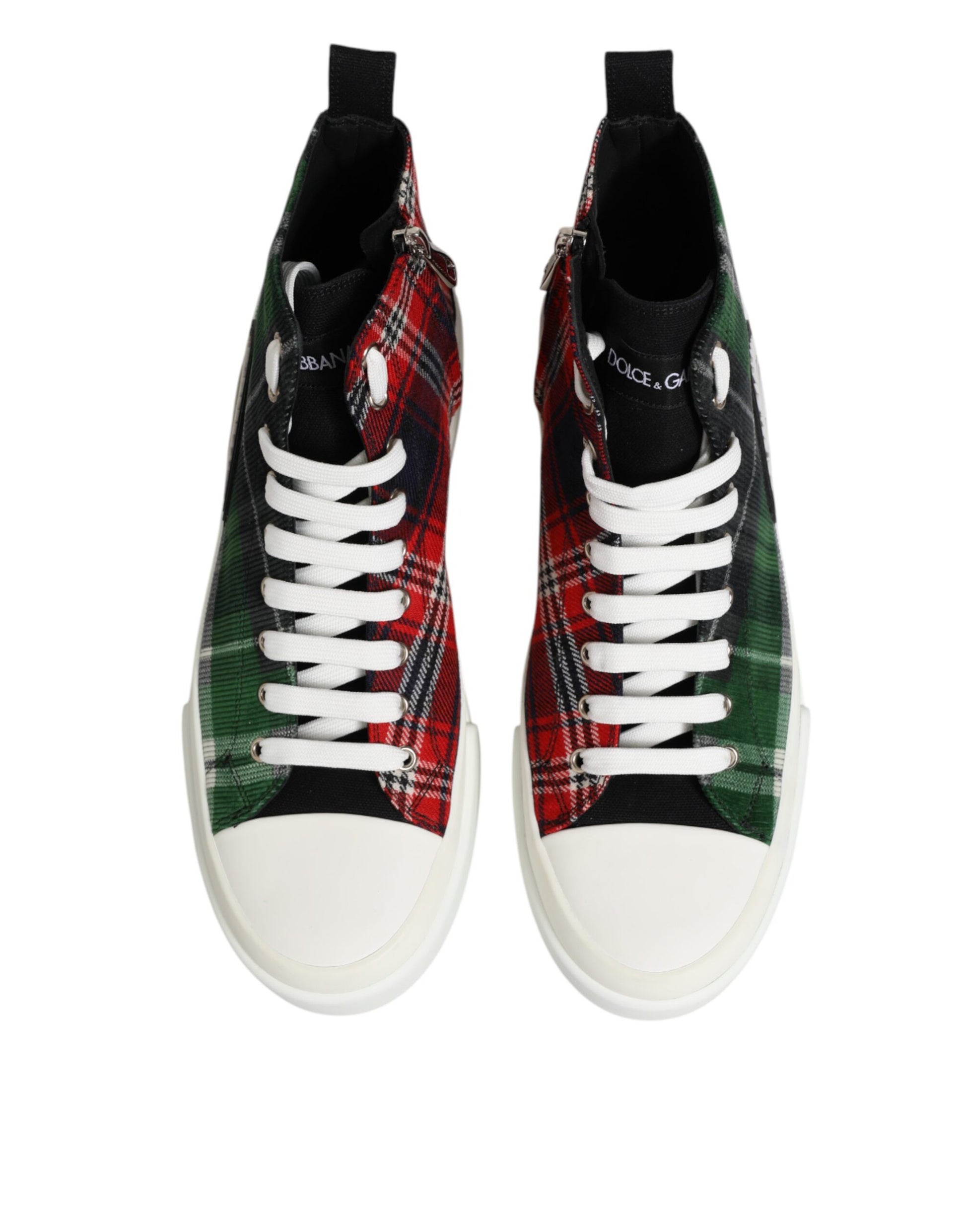 Pair of high top sneakers with plaid pattern on sides