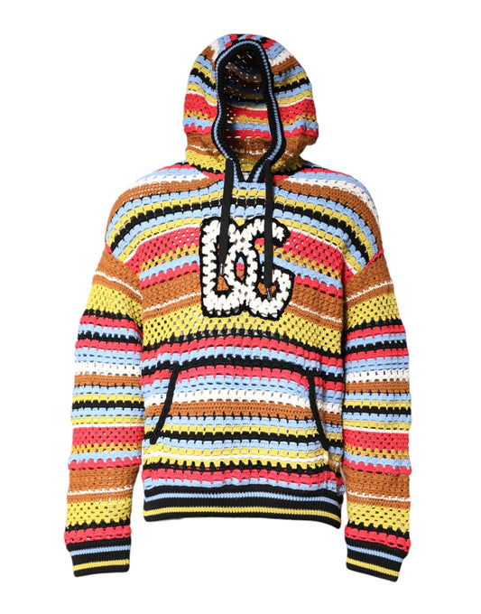 Colorful crocheted hoodie with lettering