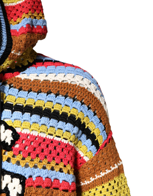 Colorful crocheted hoodie with fringe details
