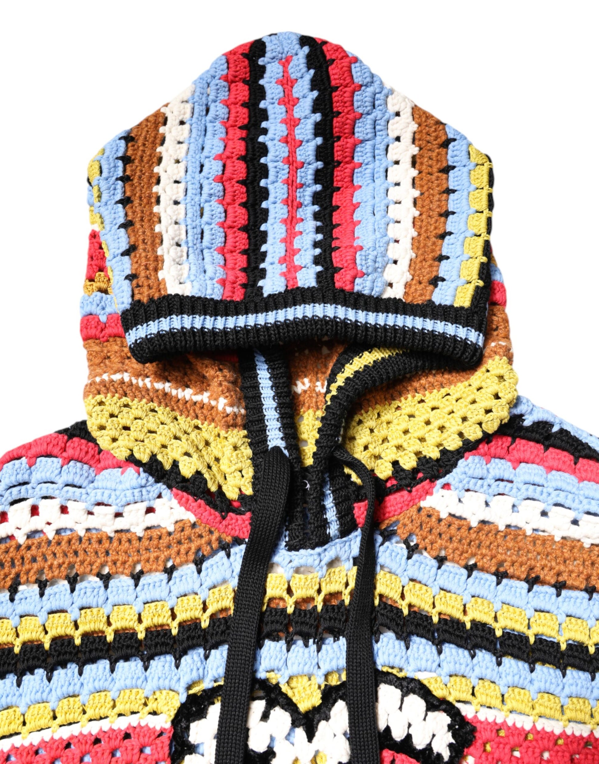 Colorful crocheted hoodie with a heart design on front