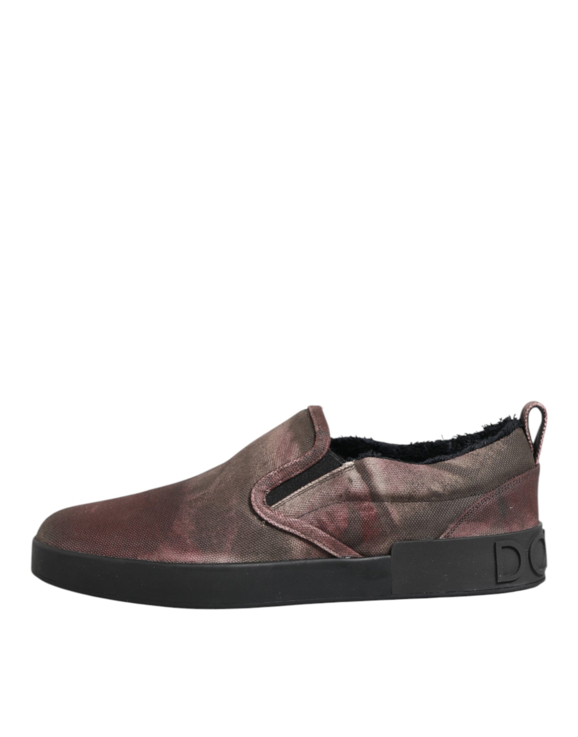 Pair of slip on shoes with a camouflage pattern