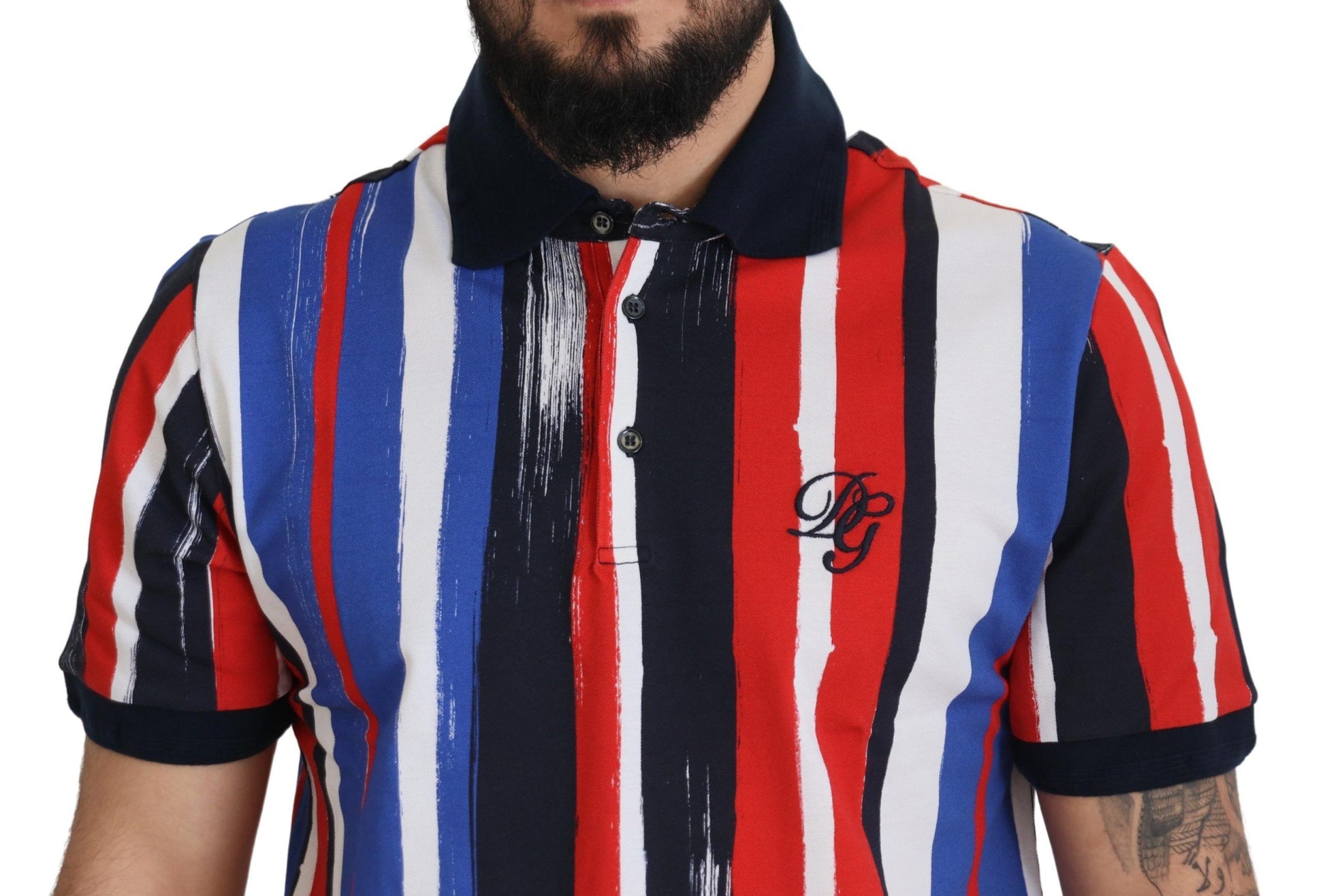 A red, white, and blue striped polo shirt with a logo on the left chest