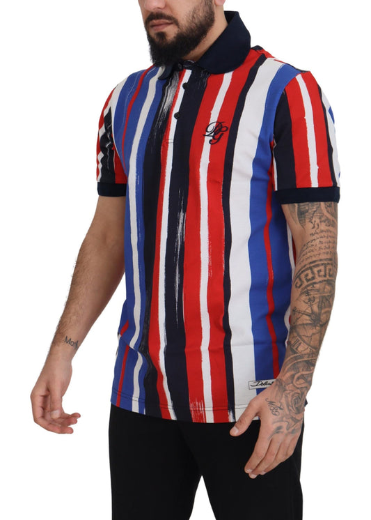 Red white and blue striped polo shirt with short sleeves