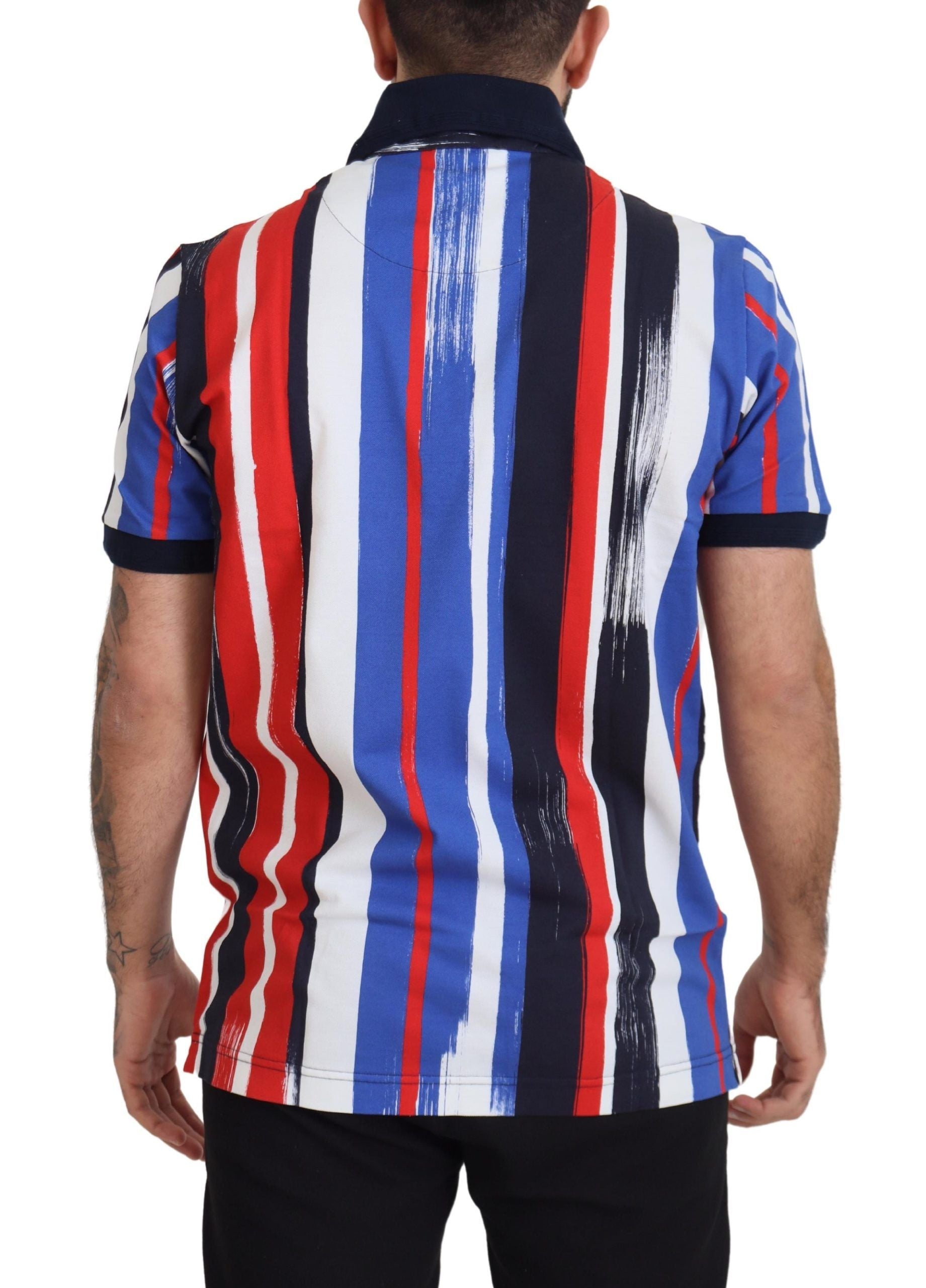 A mannequin wearing a polo shirt with red, white and blue stripes