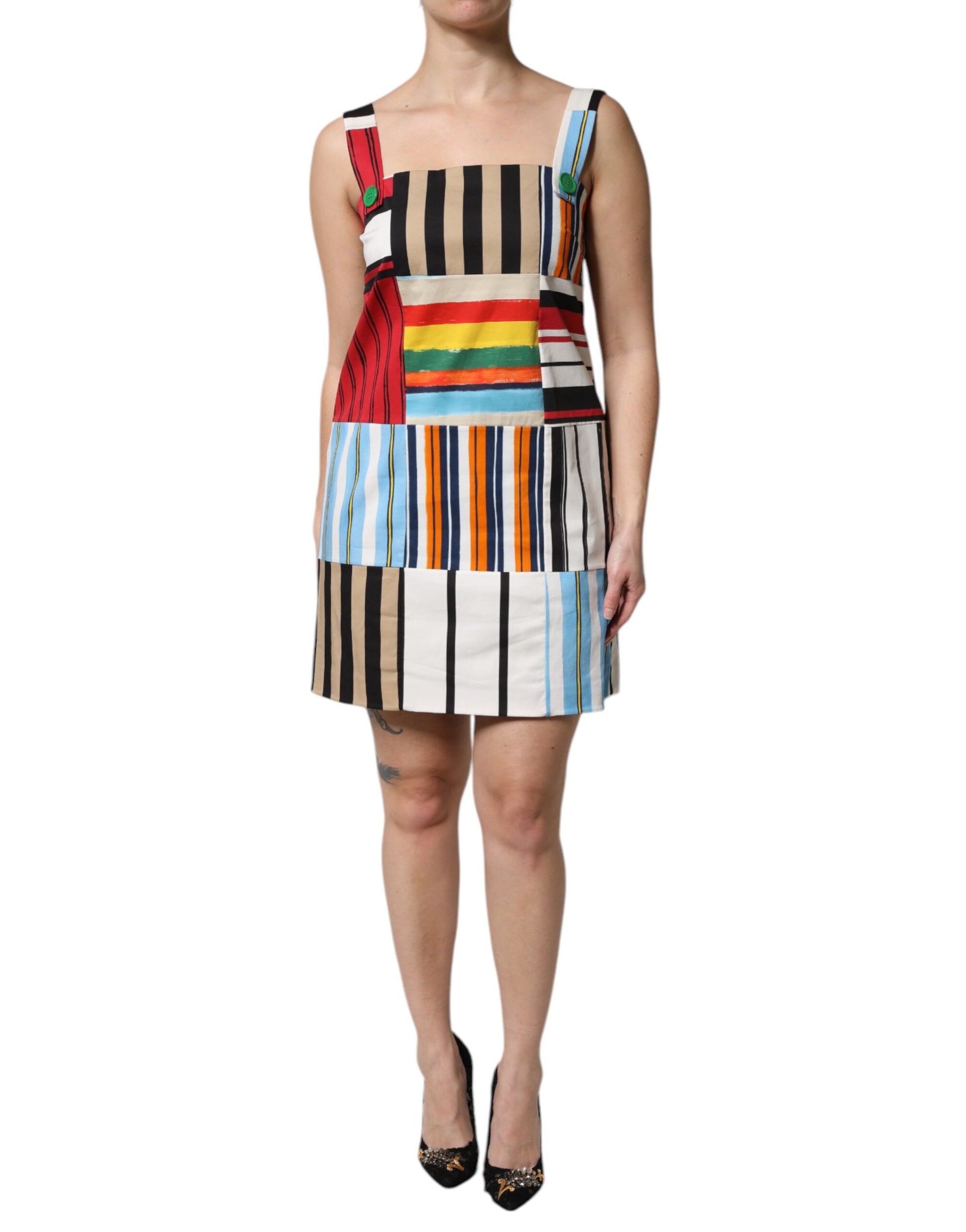 A sleeveless dress with multicolored stripes, designed by Dolce & Gabbana