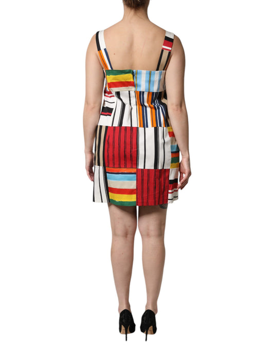 A sleeveless dress with a multicolored stripe pattern