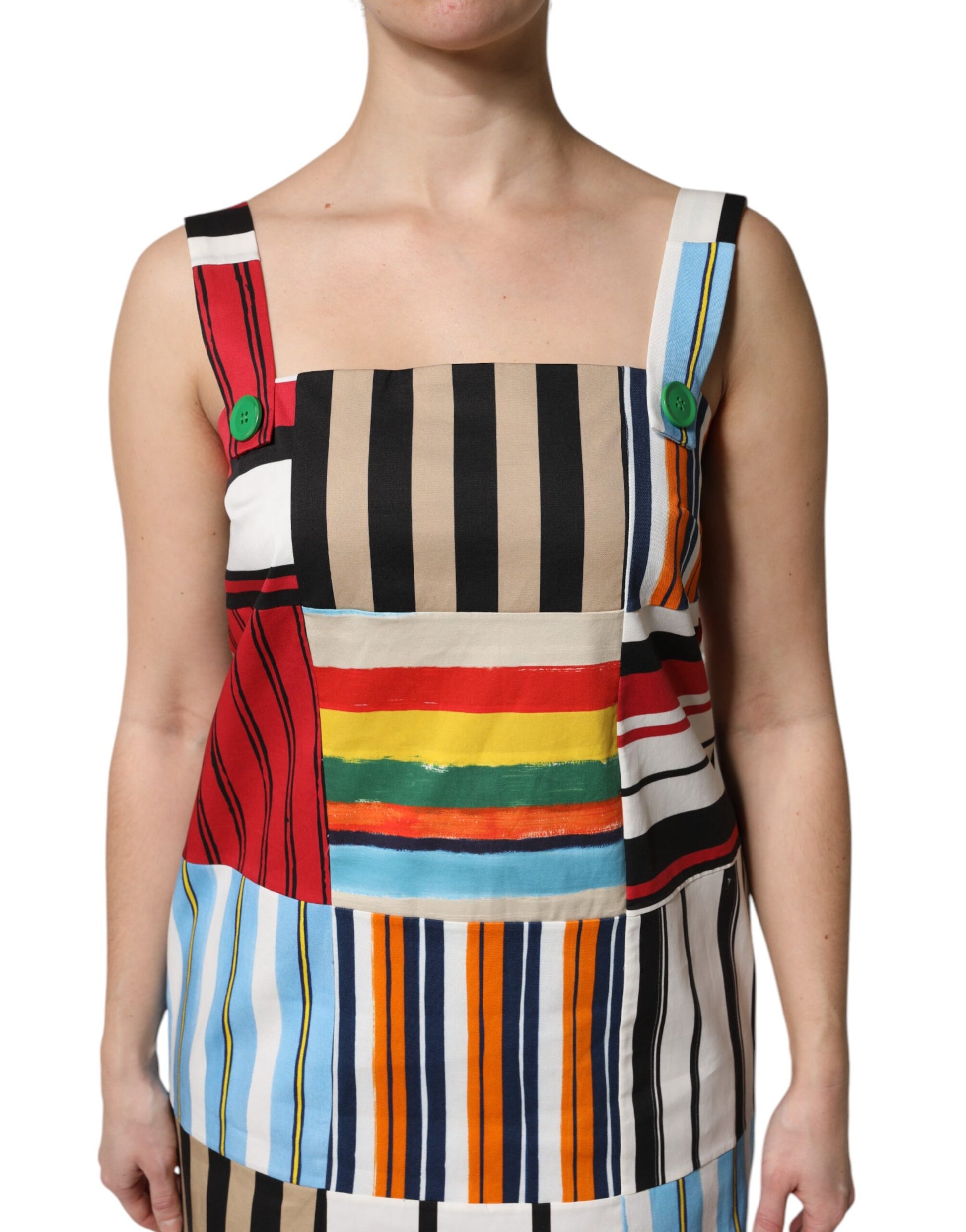A sleeveless dress with multicolored stripes, featuring a vibrant design