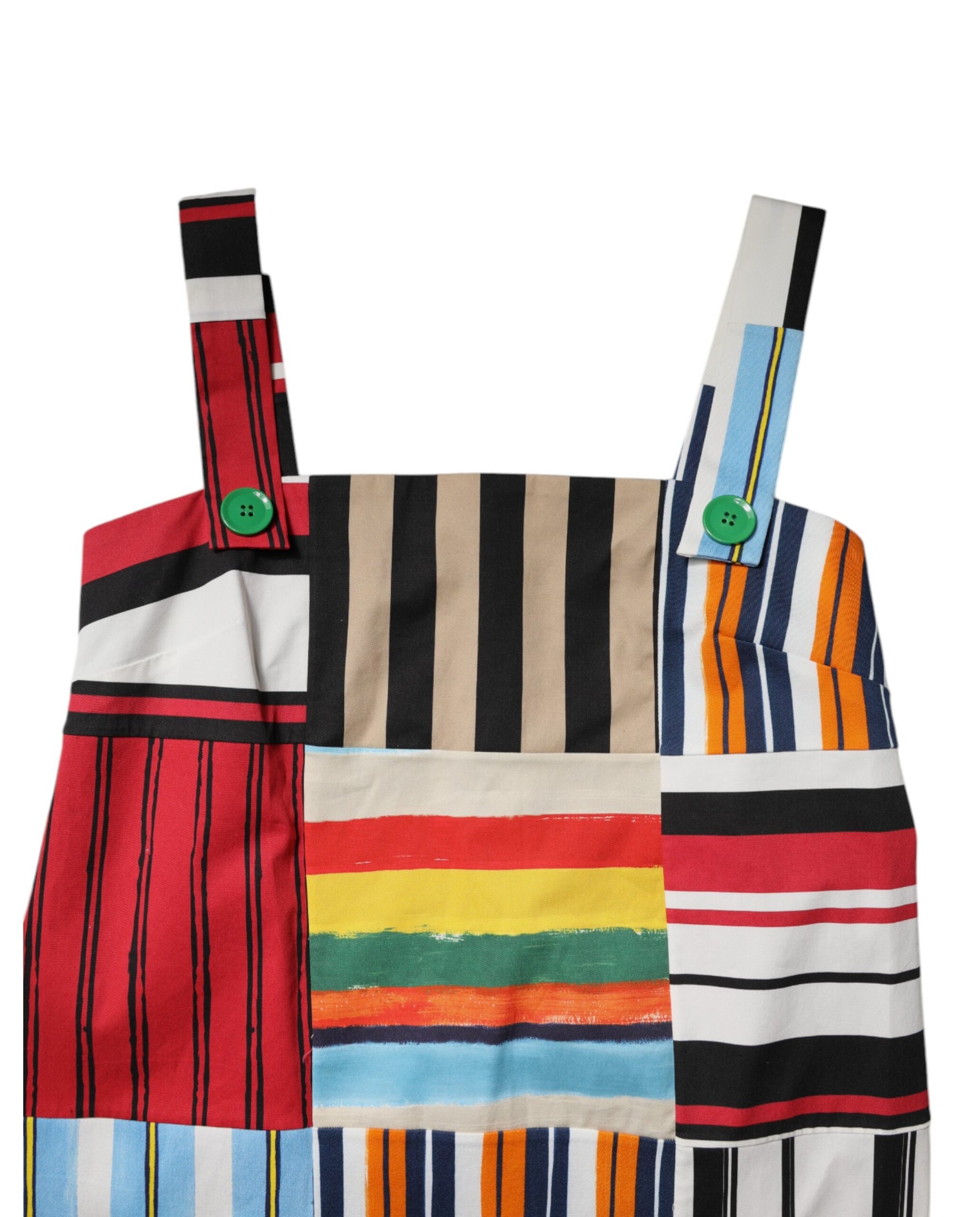 A colorful sleeveless dress with horizontal stripes in various colors, including red, yellow, blue, and black