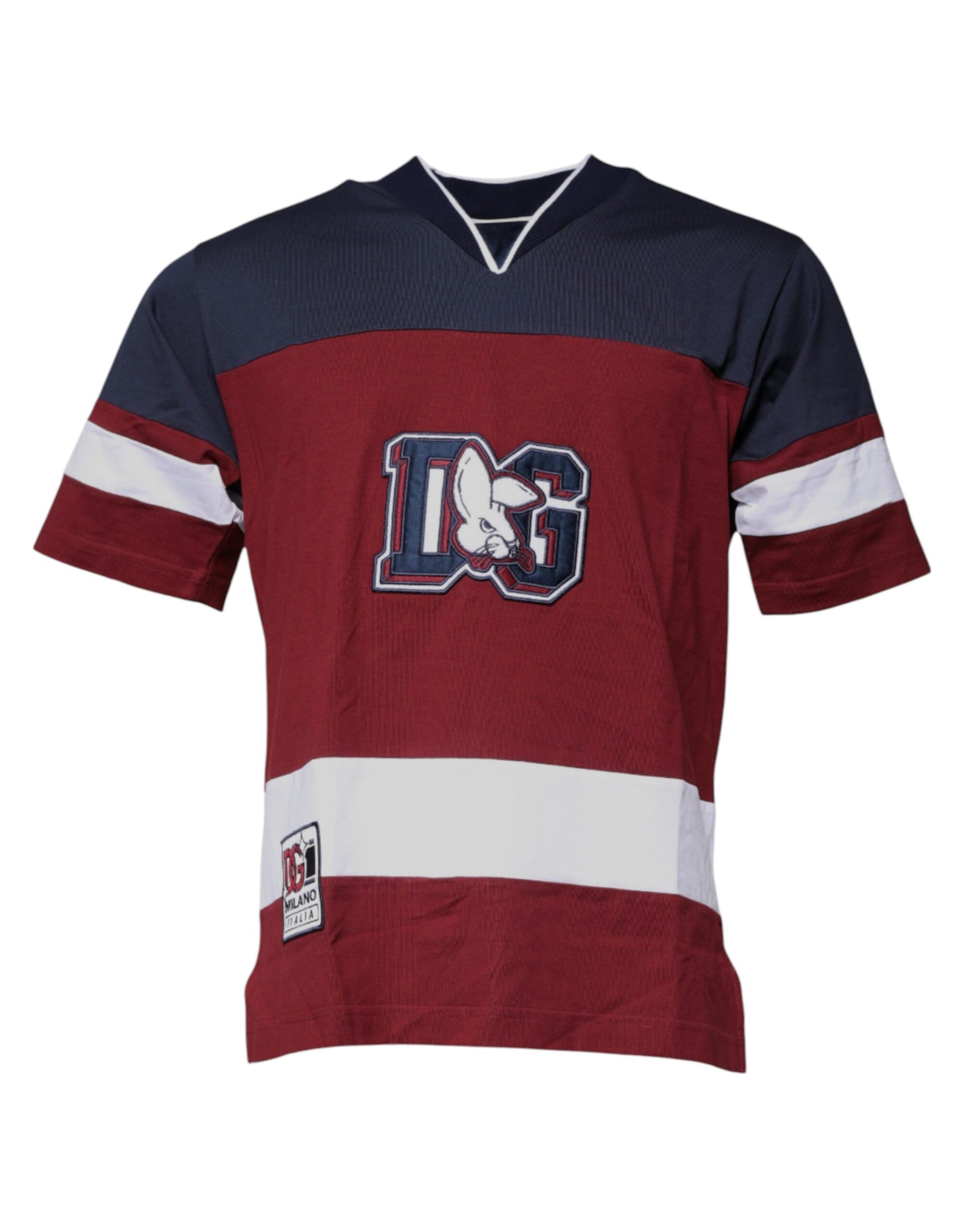 Red white and blue hockey jersey with logo on front