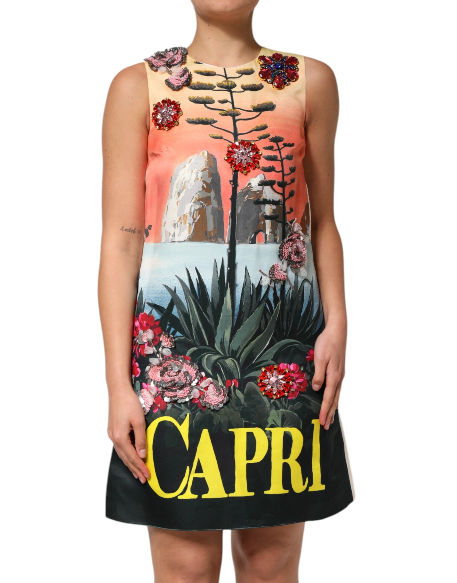 Multicolored dress with crystal embellishments and a graphic print of a desert scene